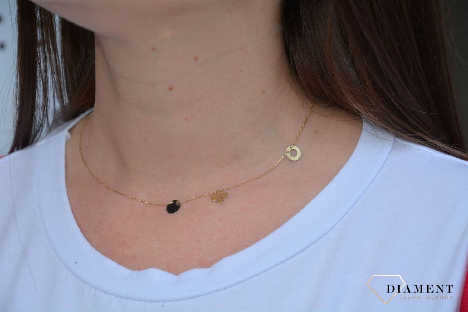 Złoty naszyjnik celebrytka z trzema elementami kółko z dziurką, koniczynka i pełne kół✓ Biżuteria damska✓ Złote Naszyjniki Damskie w Sklepie z Biżuterią zegarki-diament.pl✓ Piękne i Eleganckie Naszyjniki dla Kobiet✓.jpg